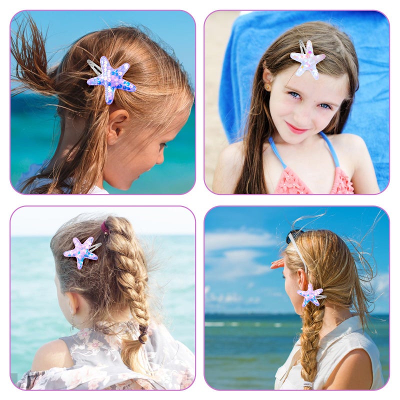 Amabro 6 Pcs Starfish Hair Clips, Glitter Sea Star Hair Barrettes Starfish Hair Accessories Sequins Snap Hair Clip Beach Sea Star Hairpins for Women Girls(Pink, Purple, White) - Image 3